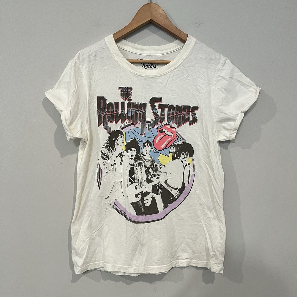 Recycled Karma Rolling Stones T-Shirt Distressed Neckline Hem NWOT Medium